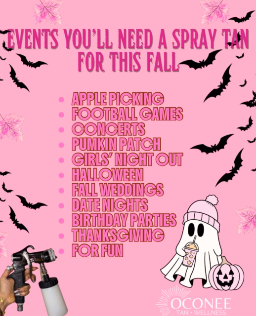 Fall plans = the perfect excuse for a fresh spray tan! 🎃💗🍂  From football games and pumpkin patches to Halloween parties and girls’ nights out, we’ve got your fall glow covered! ✨
No special occasion needed to look and feel your best!  Oconee Tan + Wellness
📍 @thevillagemalcombridge 
📱 706-818-2722
