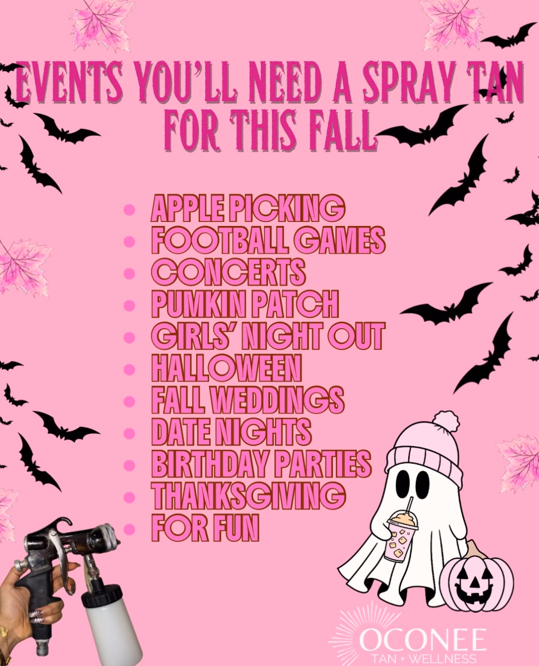 Fall plans = the perfect excuse for a fresh spray tan! 🎃💗🍂  From football games and pumpkin patches to Halloween parties and girls’ nights out, we’ve got your fall glow covered! ✨
No special occasion needed to look and feel your best!  Oconee Tan + Wellness
📍 @thevillagemalcombridge 
📱 706-818-2722