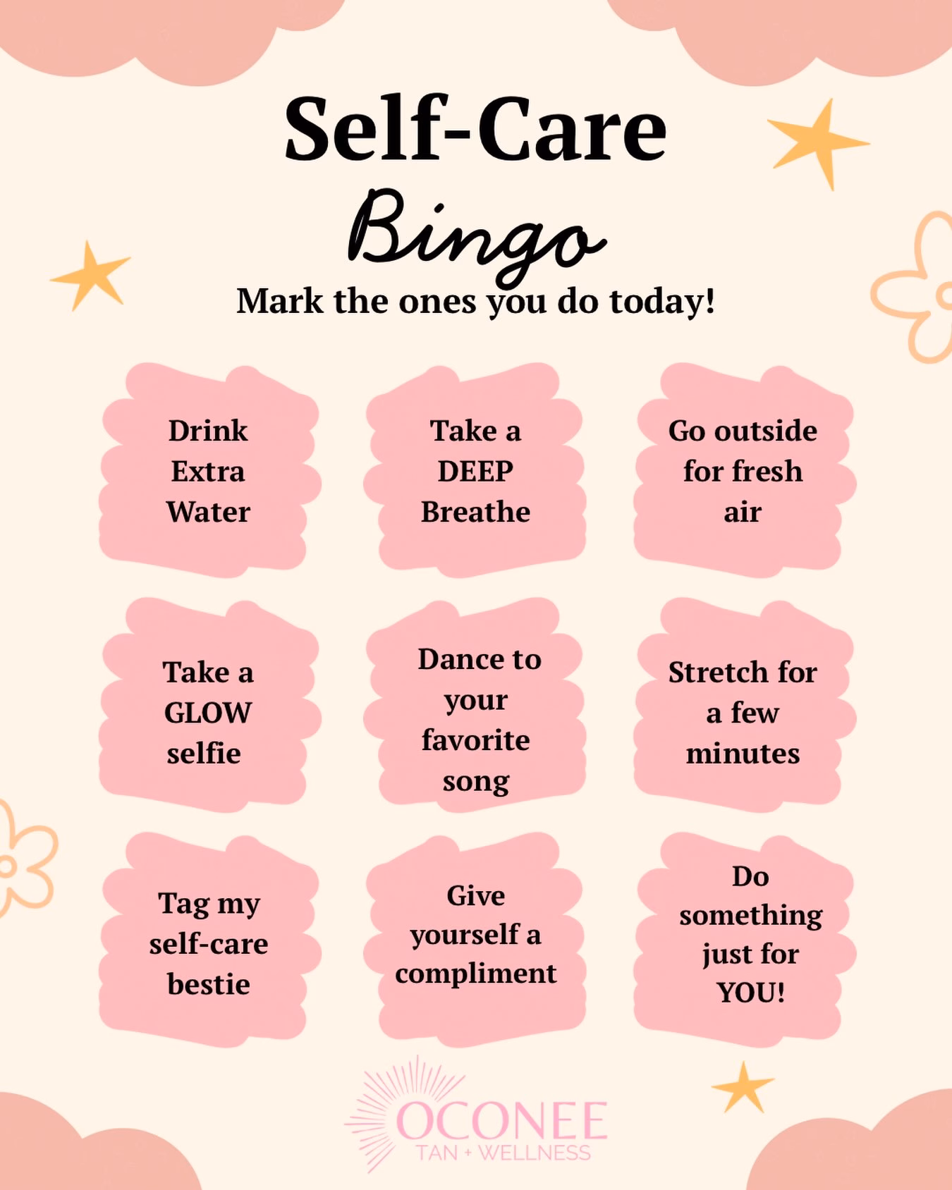✨ NATIONAL SELF-CARE DAY IS TOMORROW ✨  Self-care isn’t selfish… it’s necessary 💗
We created a little Self-Care Bingo to remind you to slow down, recharge, and do something that makes YOU feel good!  🌸 How to play:
    1.    Screenshot our Self-Care Bingo
    2.    Complete as many squares as you can
    3.    Share your progress on your story
    4.    Tag us so we can cheer you on 
      5. Every tag = an entry to win our Self-Care Basket filled with goodies to help you relax, recharge, & glow  Need a little help checking off your self-care list? 😉 Stop by Oconee Tan + Wellness and treat yourself to a little glow, relaxation, and wellness.
Because a little time for YOU goes a long way 💕  ✨ Happy National Self-Care Day! ✨