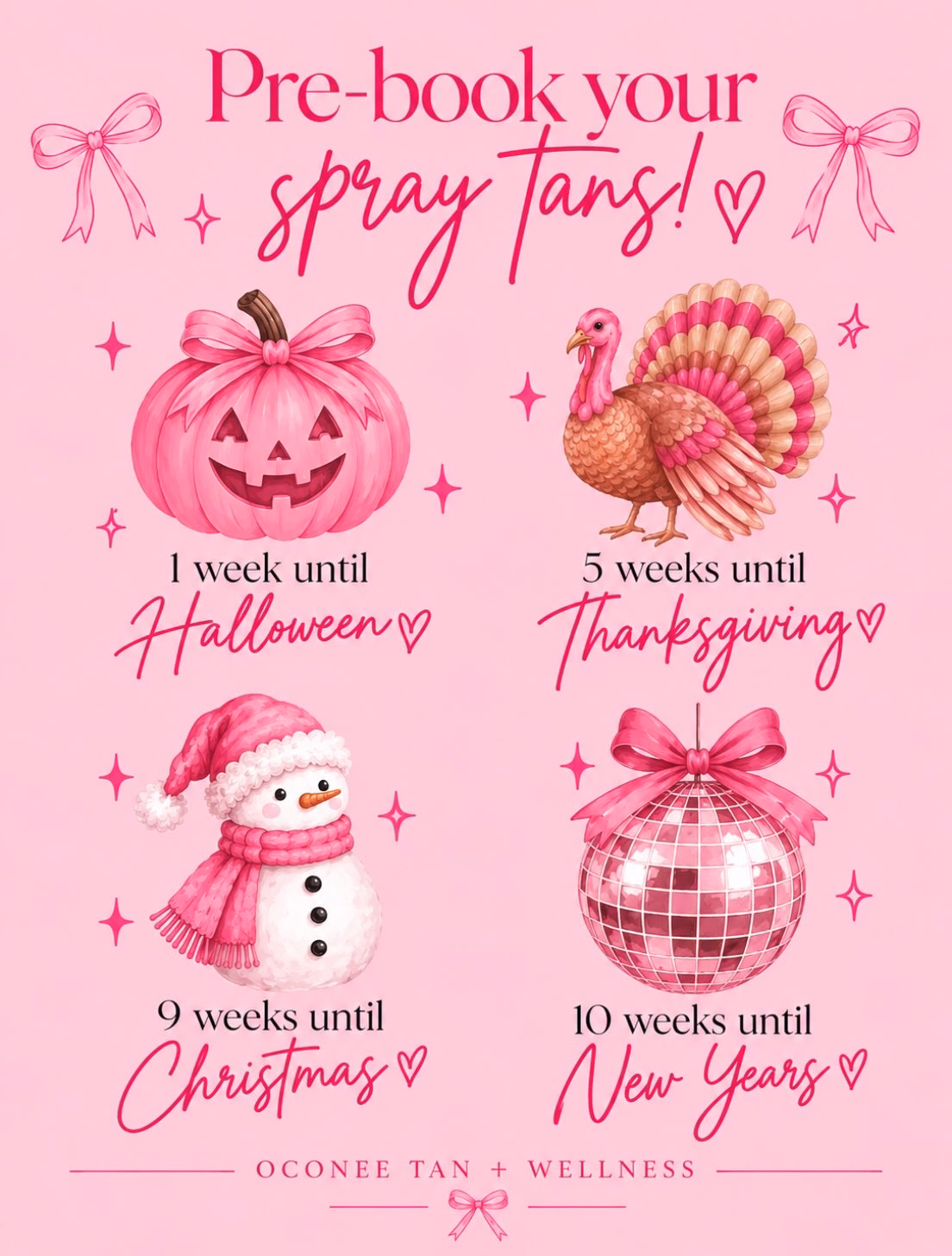 The holidays will be here before you know it! 💗 Don’t wait until the last minute to get your spray tan booked! From Halloween costumes to holiday parties, we’ve got your glow covered! ✨  Oconee Tan + Wellness
📍 @thevillagemalcombridge 
📞 706-818-2722